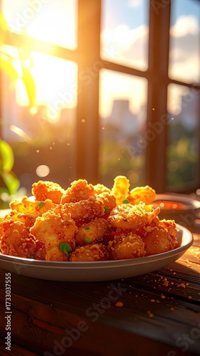 Delicious Golden Fried Shrimp on White Plate with Wooden Table and Bright Sunset Background Food Photography
