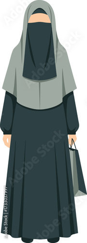 Muslim woman wearing a full black niqab and grey khimar, holding a shopping bag, captured from behind for daily life, fashion, and modesty themes