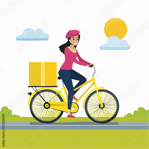 Delivery cyclist rides along a sunny road. Bright yellow cargo bike carries packages. Clean, modern illustration for delivery services, logistics, or urban transport.