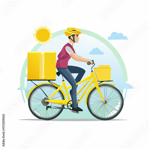 Delivery cyclist rides along a sunny road. Bright yellow cargo bike carries packages. Clean, modern illustration for delivery services, logistics, or urban transport.