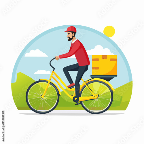 Delivery cyclist rides along a sunny road. Bright yellow cargo bike carries packages. Clean, modern illustration for delivery services, logistics, or urban transport.