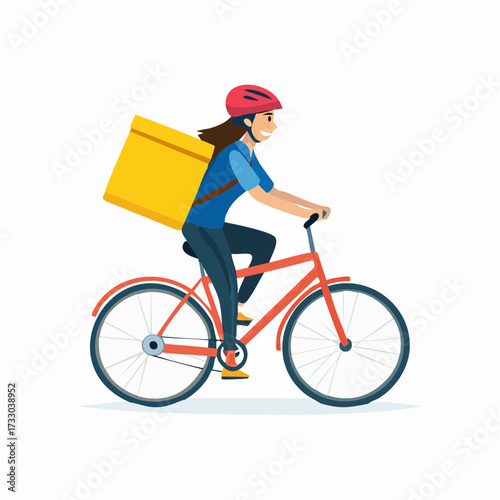 Delivery cyclist rides a bicycle, carrying a yellow package. Flat vector illustration, ideal for food delivery, courier services, or urban lifestyle concepts.