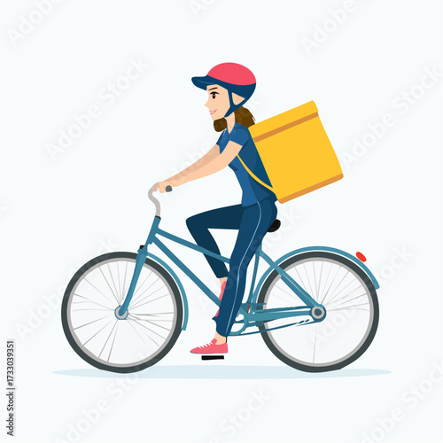 Delivery cyclist rides a bicycle, carrying a yellow package. Flat vector illustration, ideal for food delivery, courier services, or urban lifestyle concepts.