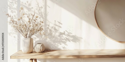 A wooden shelf with a round mirror, a vase with dried flowers, and a window with sunlight casting shadows.