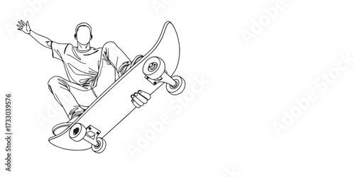 Minimalist line art illustration of a skateboarder performing a trick in mid-air. Simple black and white continuous line drawing representing street culture, extreme sports, skateboarding lifestyle