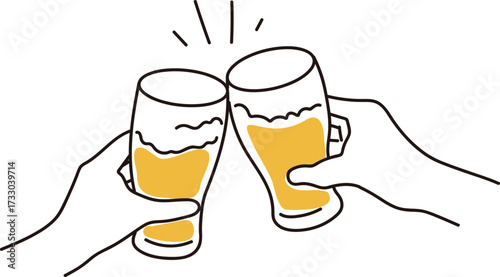 ビールで乾杯をするシンプルタッチのイラスト素材