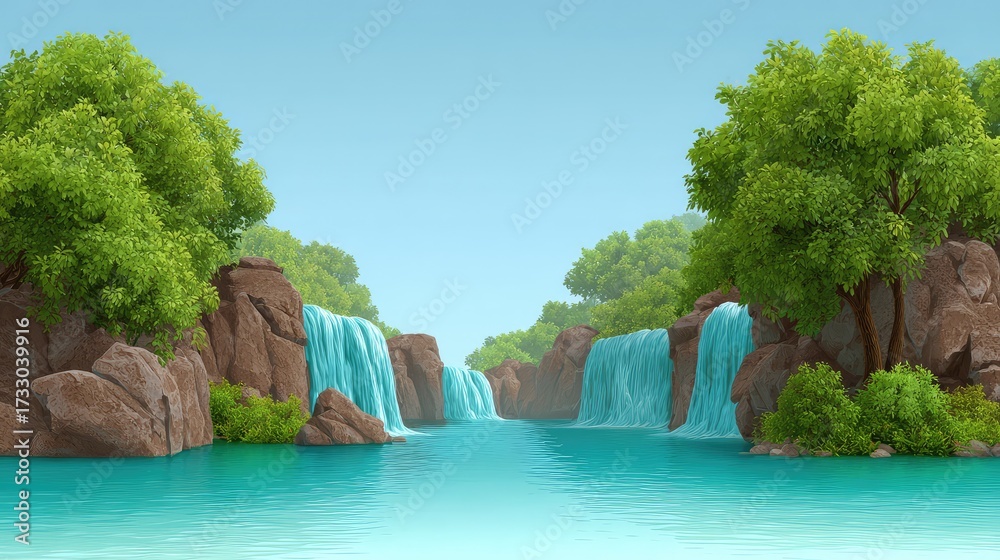 Naklejka premium Serene Natural Landscape Featuring Cascading Waterfalls and Lush Greenery Surrounded by Rocks in a Clear, Tranquil Pool Under a Bright Blue Sky