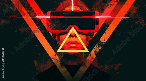 Cyberpunk gamer wearing a VR headset in abstract cyberspace