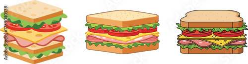 Three delicious stacked sandwiches with fresh ingredients and cheese