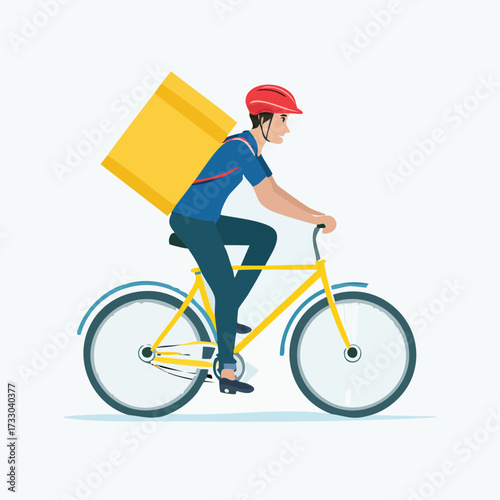 Delivery cyclist rides a bicycle, carrying a yellow package. Flat vector illustration, ideal for food delivery, courier services, or urban lifestyle concepts.