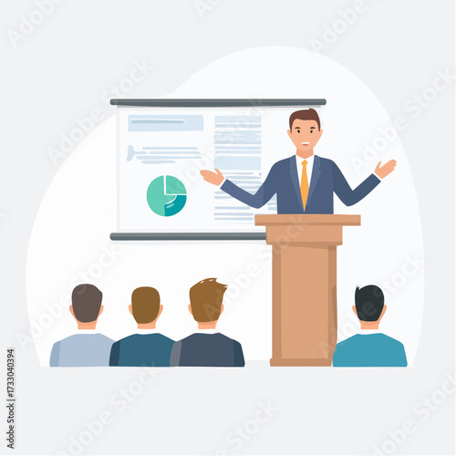 A man presents to an audience, gesturing confidently. A screen displays a profile icon. Business presentation, public speaking, and leadership concept.