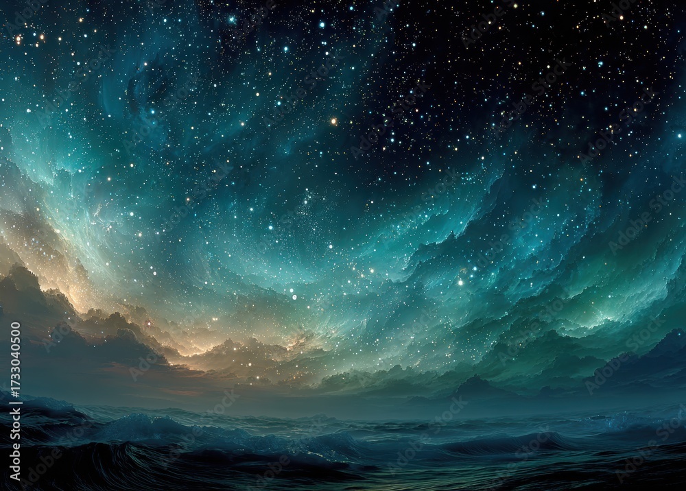 Fototapeta premium Starry sky with clouds and ocean waves, featuring cosmic elements and natural landscape in digital art style.