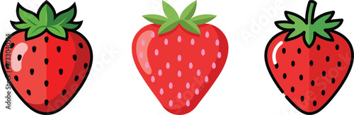 Vibrant cartoon illustrations of fresh, ripe red strawberries with green stems, perfect for spring and summer themes