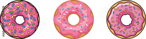 Playful illustration of three delightful pink frosted donuts with colorful sprinkles, perfect for a sweet treat concept
