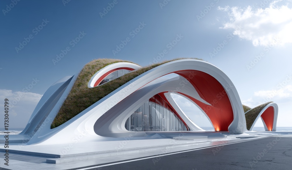 Obraz premium This image showcases a modern architectural structure with curved forms, green roof, and striking red and white elements, highlighting contemporary design.