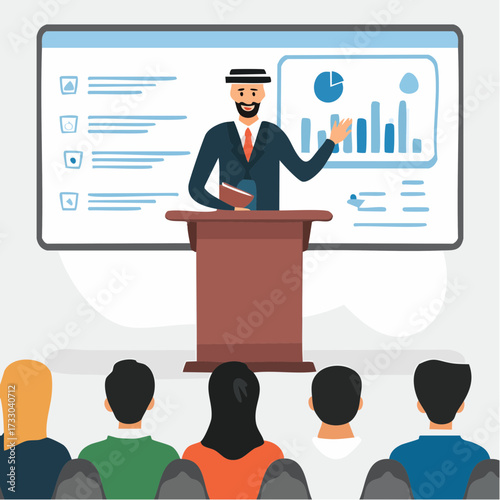 A man presents to an audience, gesturing confidently. A screen displays a profile icon. Business presentation, public speaking, and leadership concept.