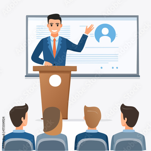 A man presents to an audience, gesturing confidently. A screen displays a profile icon. Business presentation, public speaking, and leadership concept.