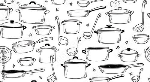 Doodle background of pots, pans, and ladles