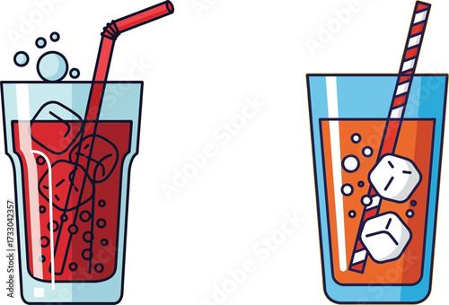 Two refreshing drinks with ice cubes and straws in glasses