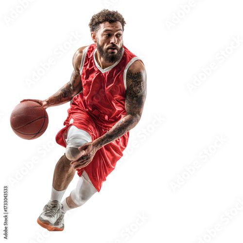 Dynamic basketball player in mid dribble, showcasing intense focus and athletic prowess during a competitive game, perfect for sports marketing and dynamic action visuals.