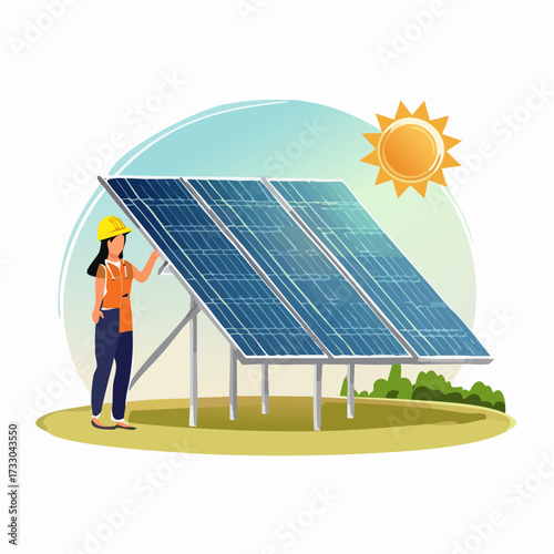 Engineer inspects solar panels under the sun, highlighting clean energy solutions and renewable technologies.