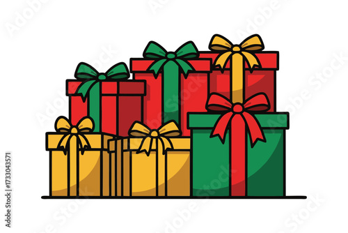 Illustration of a stack of colorful gift boxes with ribbons, perfect for celebrations.