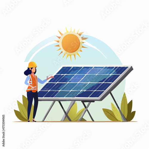 Engineer inspects solar panels under the sun, highlighting clean energy solutions and renewable technologies.