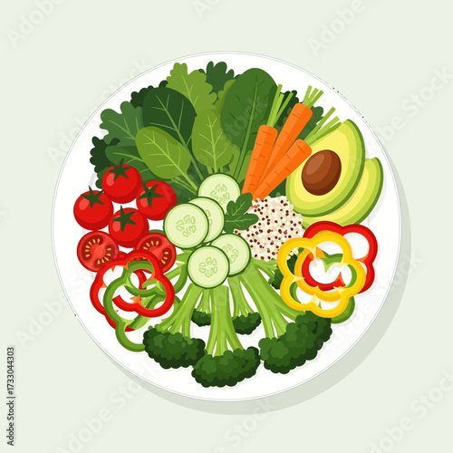 Salad vector illustration. Cartoon isolated top view of round plate with healthy fresh vegetables slices and eggs, croutons or chicken meat pieces, cooked salad in bowl for restaurant or home menu