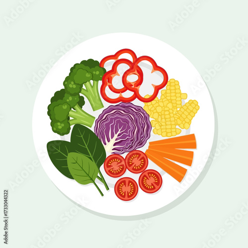 Salad vector illustration. Cartoon isolated top view of round plate with healthy fresh vegetables slices and eggs, croutons or chicken meat pieces, cooked salad in bowl for restaurant or home menu