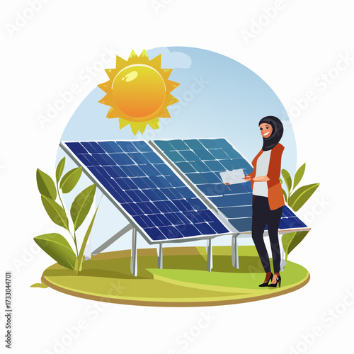 Engineer inspects solar panels under the sun, highlighting clean energy solutions and renewable technologies.