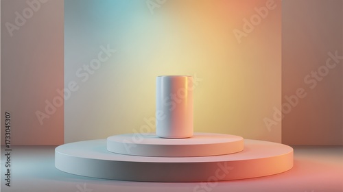 Minimalist cylindrical object on a tiered podium with soft gradient lighting and subtle textured background