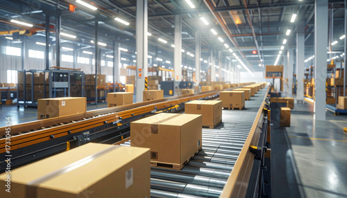 Automated conveyor belt system with cardboard boxes moving through a modern warehouse for efficient distribution and shipping