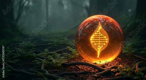 Fantasy concept of a glowing orb containing the source of life, resting on a mossy forest floor