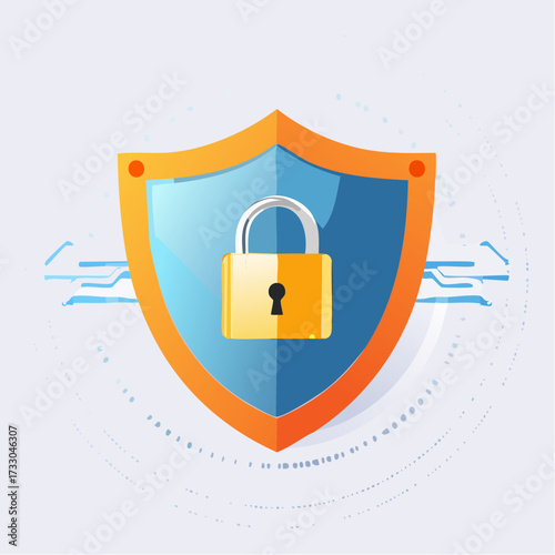 Illustration of a locked padlock on a shield symbolizes digital security and protection in online environments.
