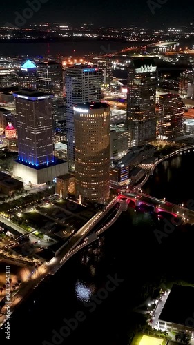 Illuminated Downtown At Tampa In Florida United States. Famous Highrise Building. City At Night Landscape. Tampa At Florida United States. Business District. Illuminated Night City.