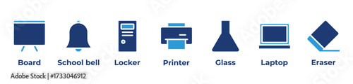 Tools and Moments of Learning Icons set vector illustration blue with Board, School bell, Locker, Printer, Glass, Laptop, Eraser