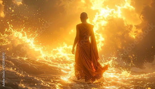 Monk walks golden sunrise sea