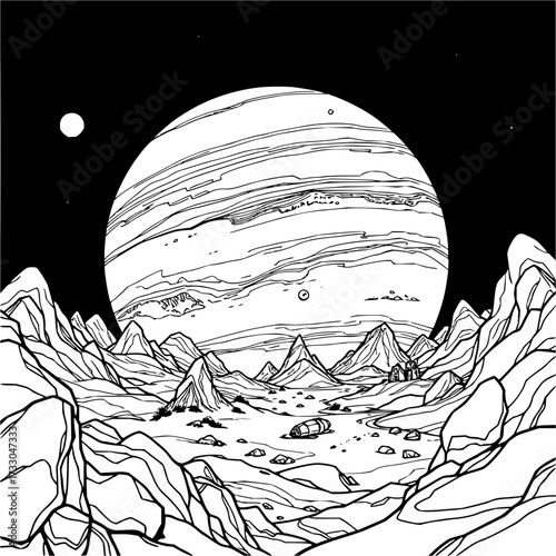 Minimilist a desolate planet landscape with mountains, a crashed ship and a large planet in the background view vector