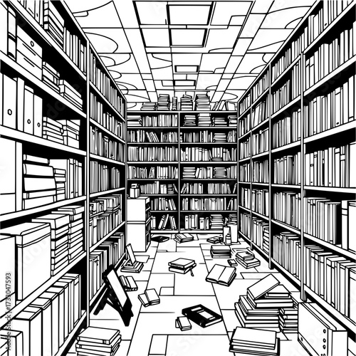 Minimilist illustration of a library interior with overflowing bookshelves and scattered books on the floor space vector