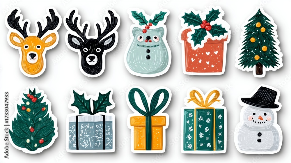 Fototapeta premium colorful festive holiday sticker sheet: deer, snowman, christmas trees and wrapped gifts for xmas decorations.