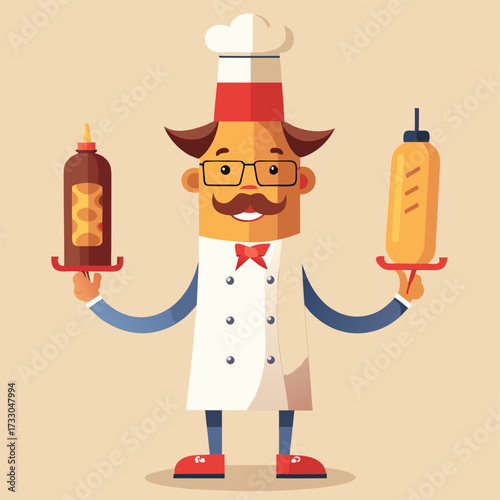 cute hot dog chef character holding ketchup and mu (2).eps