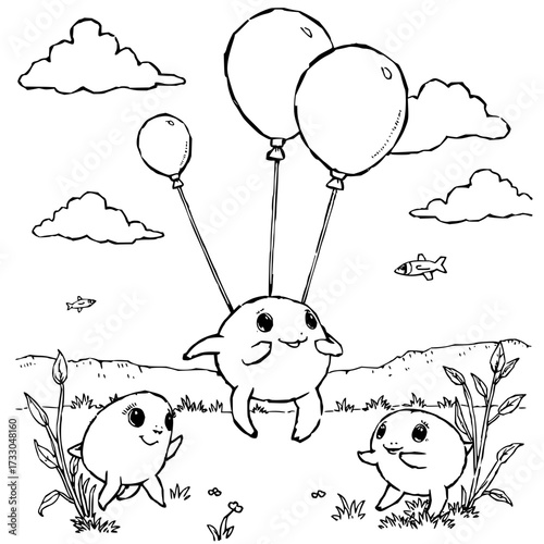 Minimilist cartoon illustration of three round characters with balloons in a grassy landscape with clouds vector