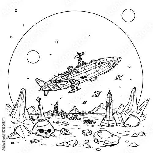 Minimilist a spaceship flies over a desolate landscape with ruins and a skull under a large planet in the sky vector