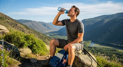 Hiker taking a water break A man drinks from a water bottle while resting on a mountaintop with a scenic valley view behind him