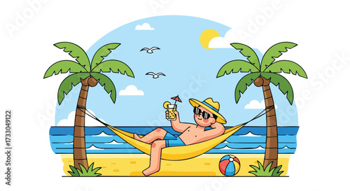 Happy Man Relaxing in a Hammock Between Palm Trees on a Tropical Beach Vacation
