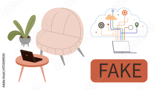 Chair, table with laptop, plant, Fake sign, and cloud computing graphic with data icons. Ideal for tech ethics, misinformation, workspace, AI data analysis innovation and minimal metaphors