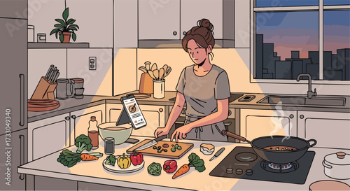 Woman Cooking Dinner in a Modern Kitchen While Following a Recipe on a Digital Tablet