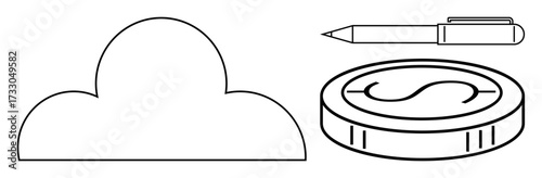 Cloud shape, coin with dollar sign, and pen outline emphasizing technology, finance, writing, and connectivity. Ideal for cloud solutions, digital economy, fintech online business innovation