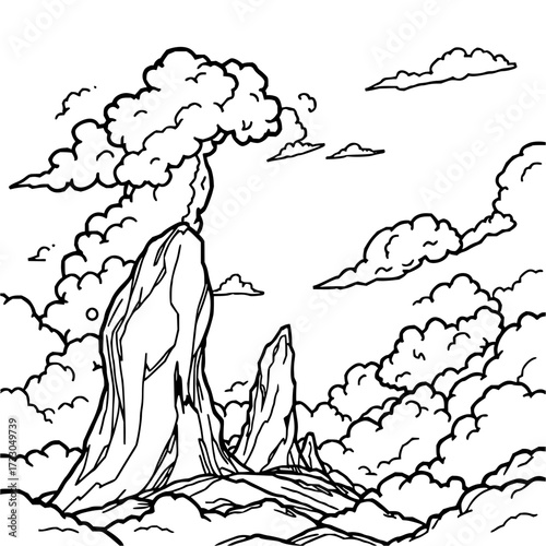 Minimilist illustration of a mountain range with clouds surrounding the peaks and filling the sky completely vector