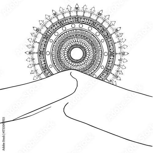 Minimilist a line drawing of a mandala over a dune landscape in black and white with intricate details and patterns vector
